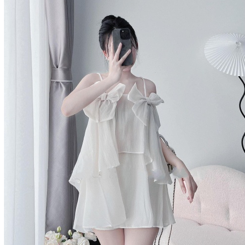 Set áo hai dây kiểu babydoll set đồ bộ đi biển đính nơ vai dáng dài dấu quần mix quần lụa bồng bềnh nhẹ nhàng nữ tính