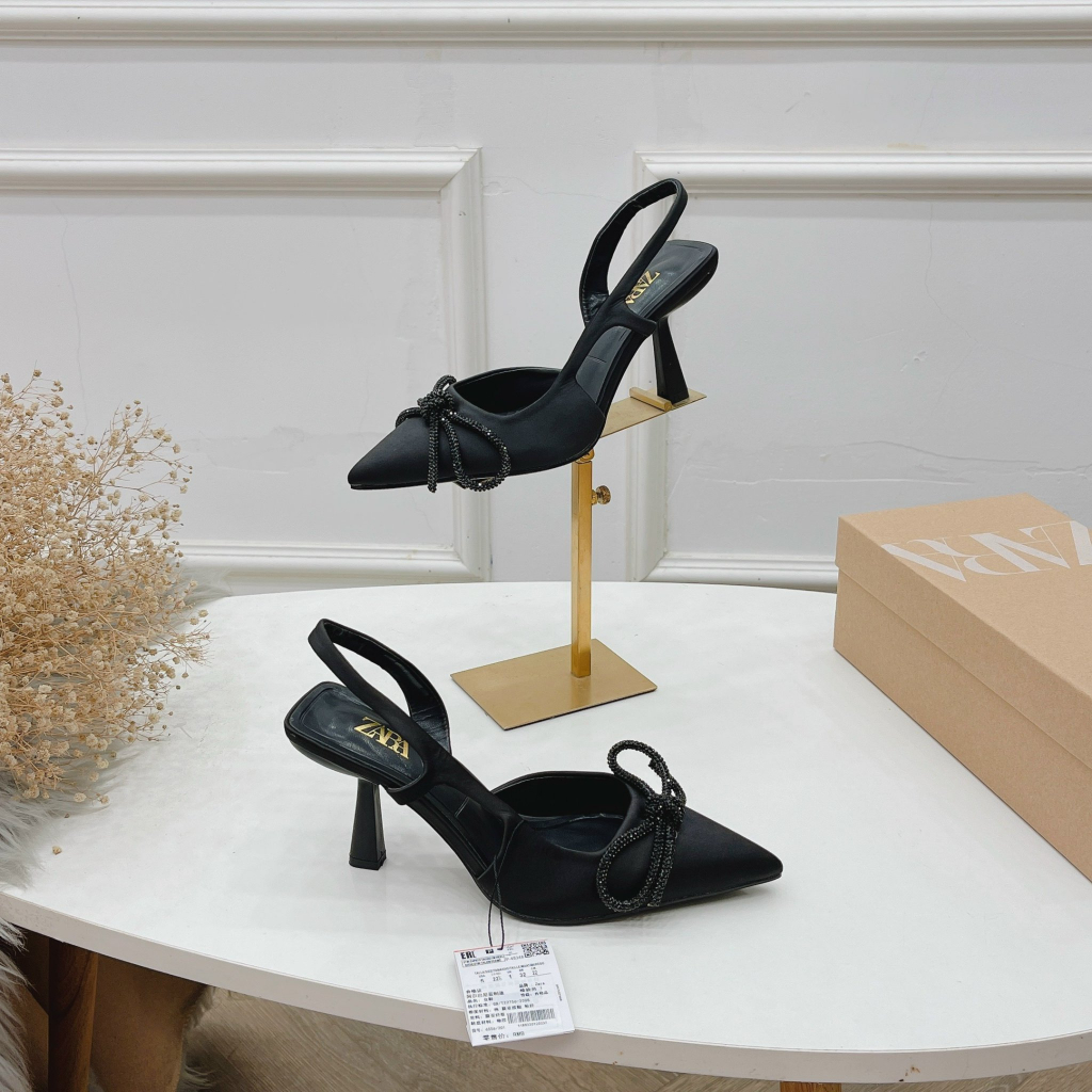 Sandal cao gót nữ chất lụa nơ đá khoét eo gót 8cm