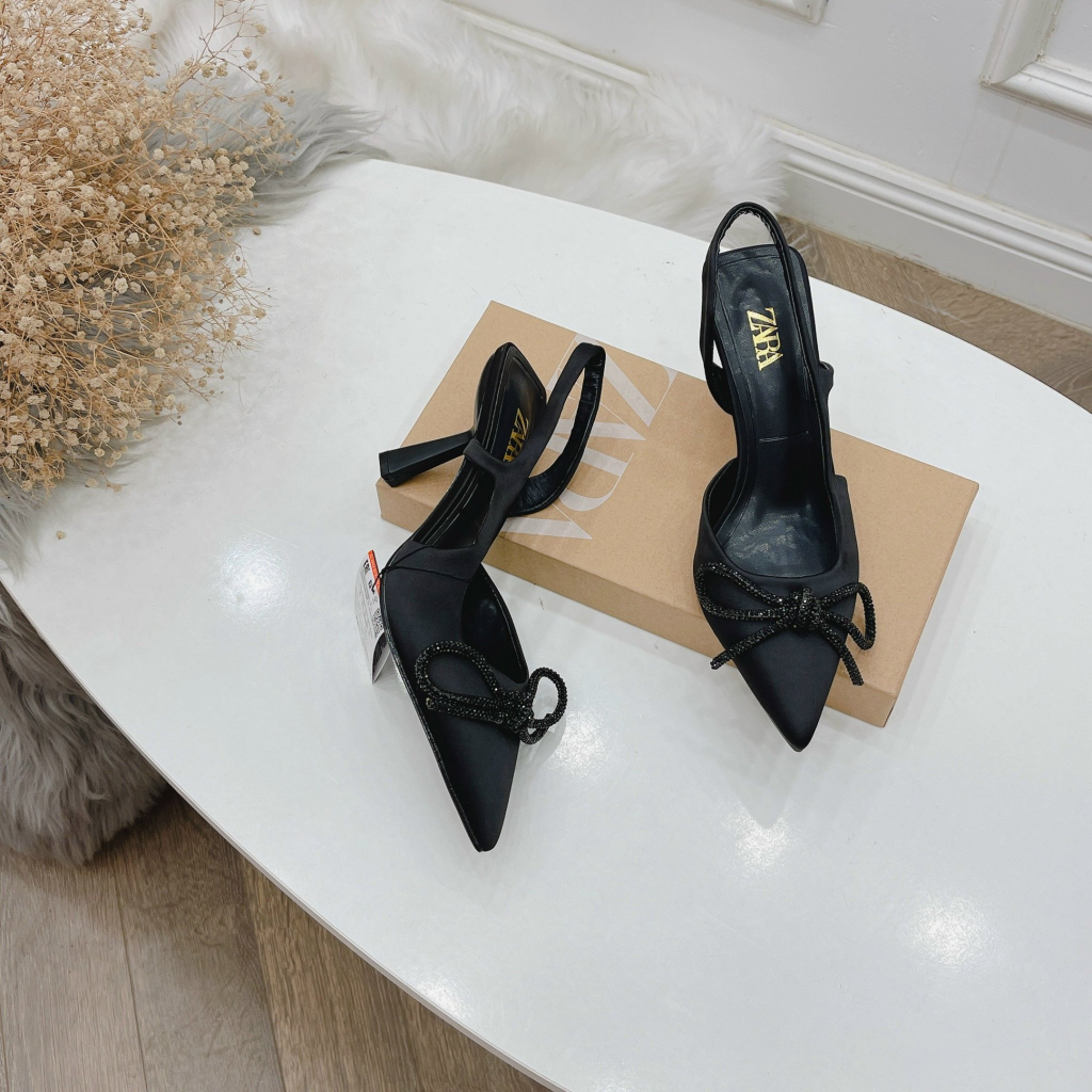 Sandal cao gót nữ chất lụa nơ đá khoét eo gót 8cm