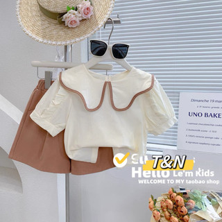 Bộ quần áo bé gái cổ bèo tay ngắn viền nâu cho bé đi họ siêu xinh