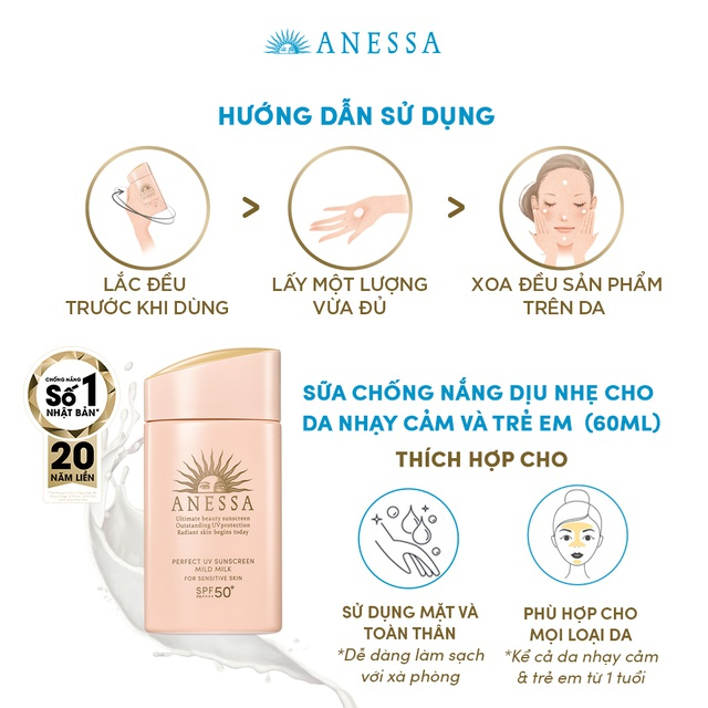 [ANESSA] Sữa Chống Nắng Cho Da Dầu Mụn Nhạy Cảm Và Trẻ Em Dịu Nhẹ SPF50+ PA++++ Perfect UV Sunscreen Mild Milk (60ml)