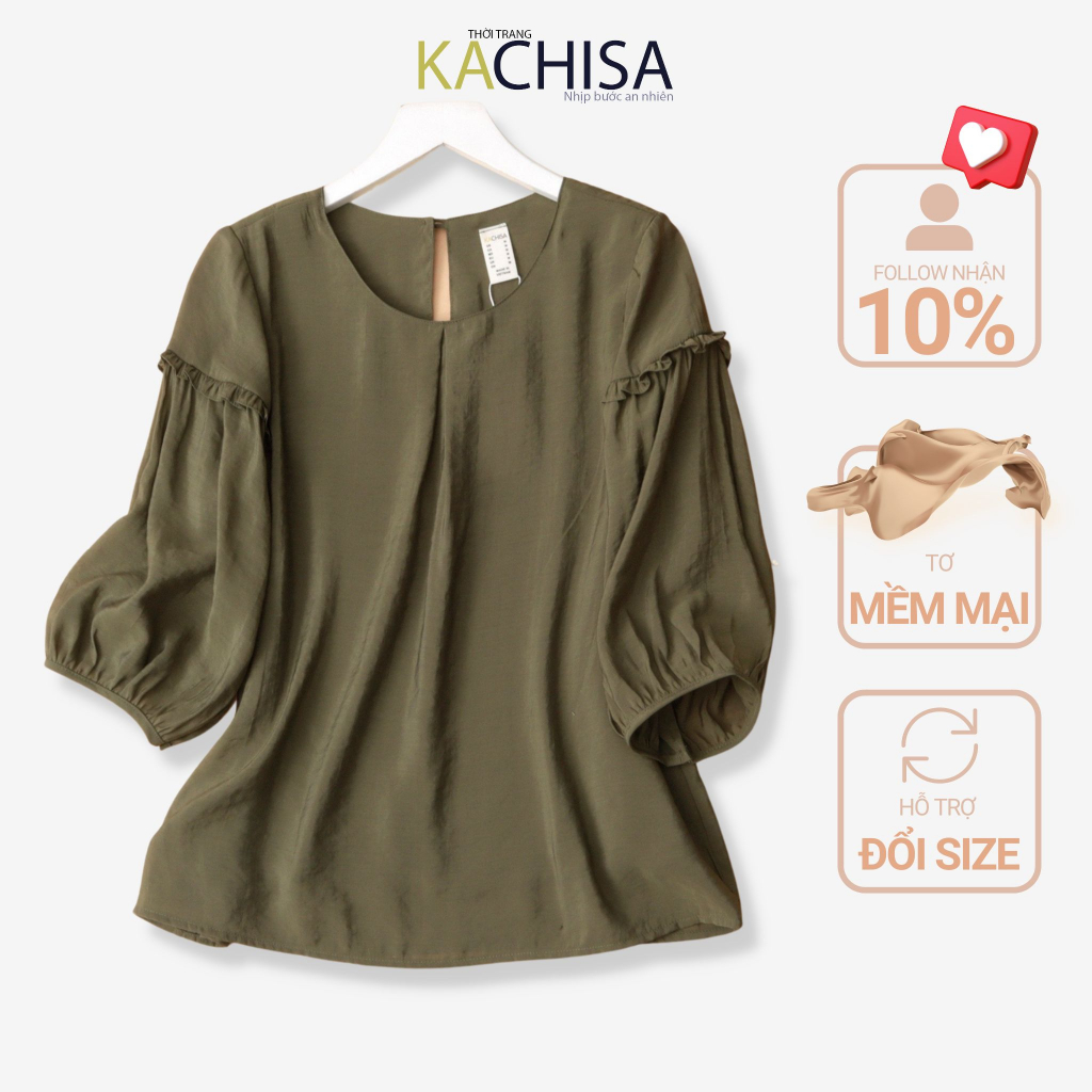 Áo kiểu nữ trung niên cao cấp phối bèo tay xanh rêu KACHISA 721SQE, chất tơ nhẹ form suông thoải mái