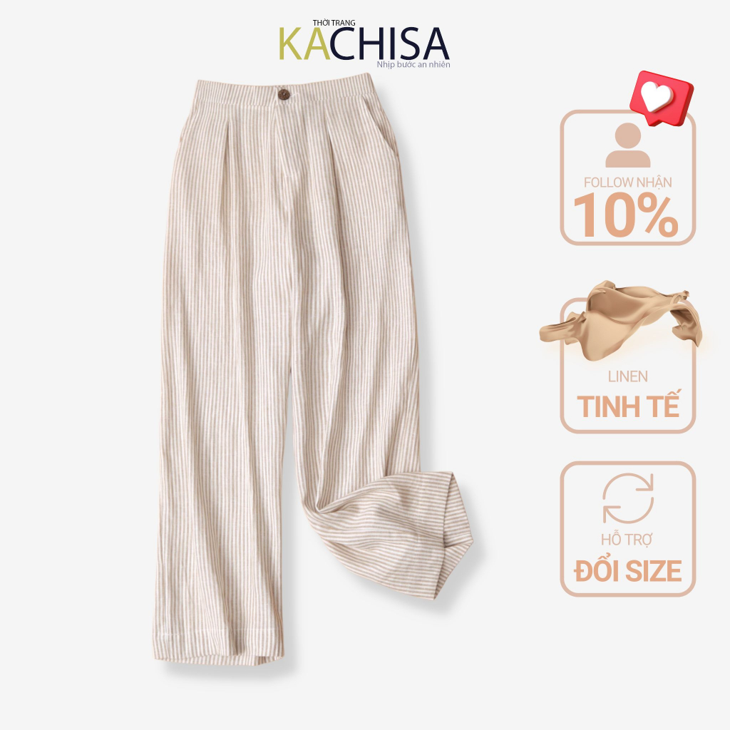 Quần dài nữ trung niên cao cấp lưng nửa thun thoải mái, ống suông Linen bố sọc thanh lịch - Thời trang KACHISA 597