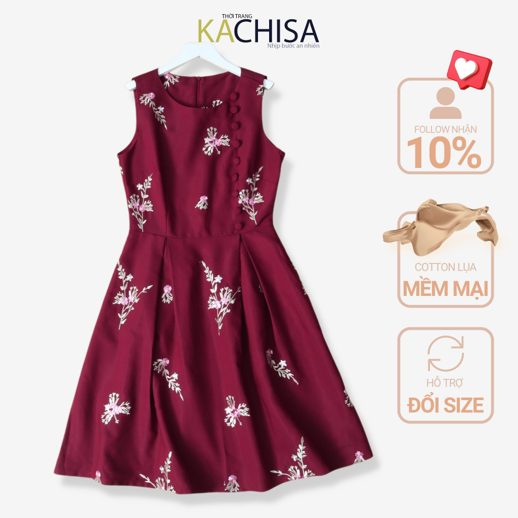 Đầm sát nách nữ trung niên cao cấp họa tiết hoa, chất cotton lụa thêu màu đỏ đô mềm mại - Thời trang KACHISA 460