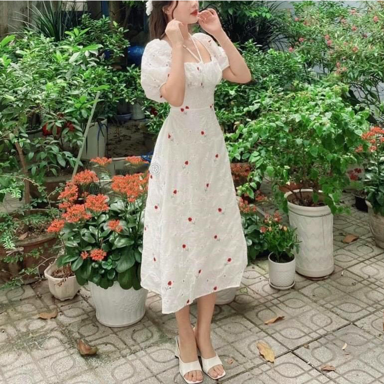 ĐẦM MIDI XÔ THÊU HOA CUTOUT LƯNG HÀNG QC LOẠI 1 - DA3003