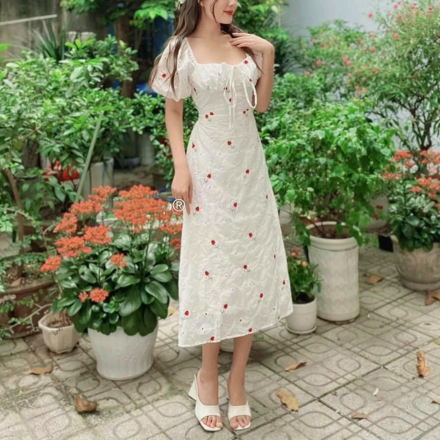 ĐẦM MIDI XÔ THÊU HOA CUTOUT LƯNG HÀNG QC LOẠI 1 - DA3003
