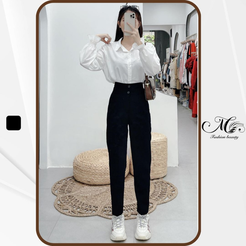 Quần vải 2 cúc baggy lưng cao qua rốn (có bigsize ) dài 95cm ống đứng tuyết mưa - Quần tây nữ lưng cao qua rốn màu đen