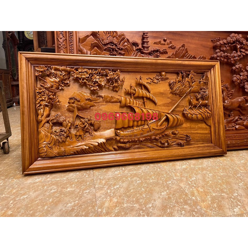 Tranh Thuận Buồm Xuôi Gió Gỗ Gõ Đỏ Đục Tay Kênh Bong kt 155/80/8cm