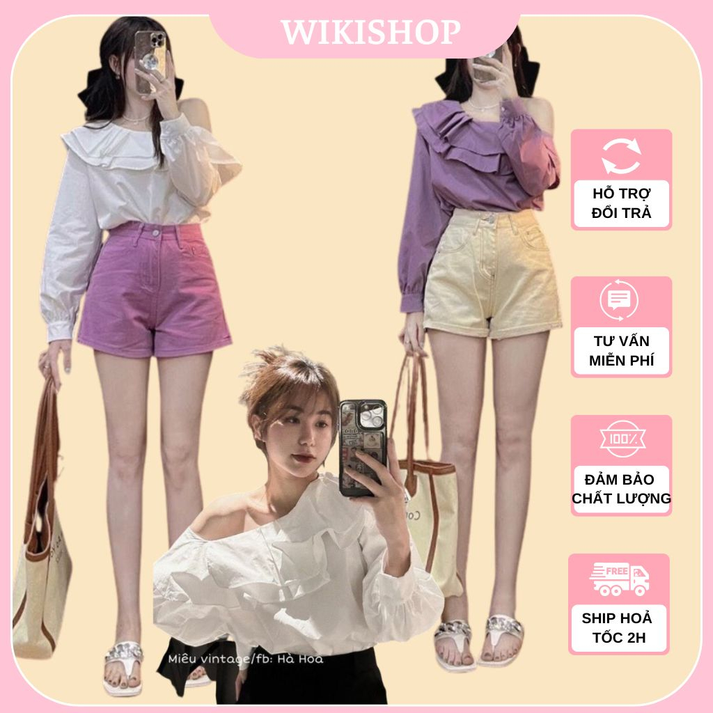 Áo sơ mi lệch vai nữ dài tay cổ bèo kiểu công sở mặc đi làm trơn trắng tim freesize hàn quốc Wikishop C1516