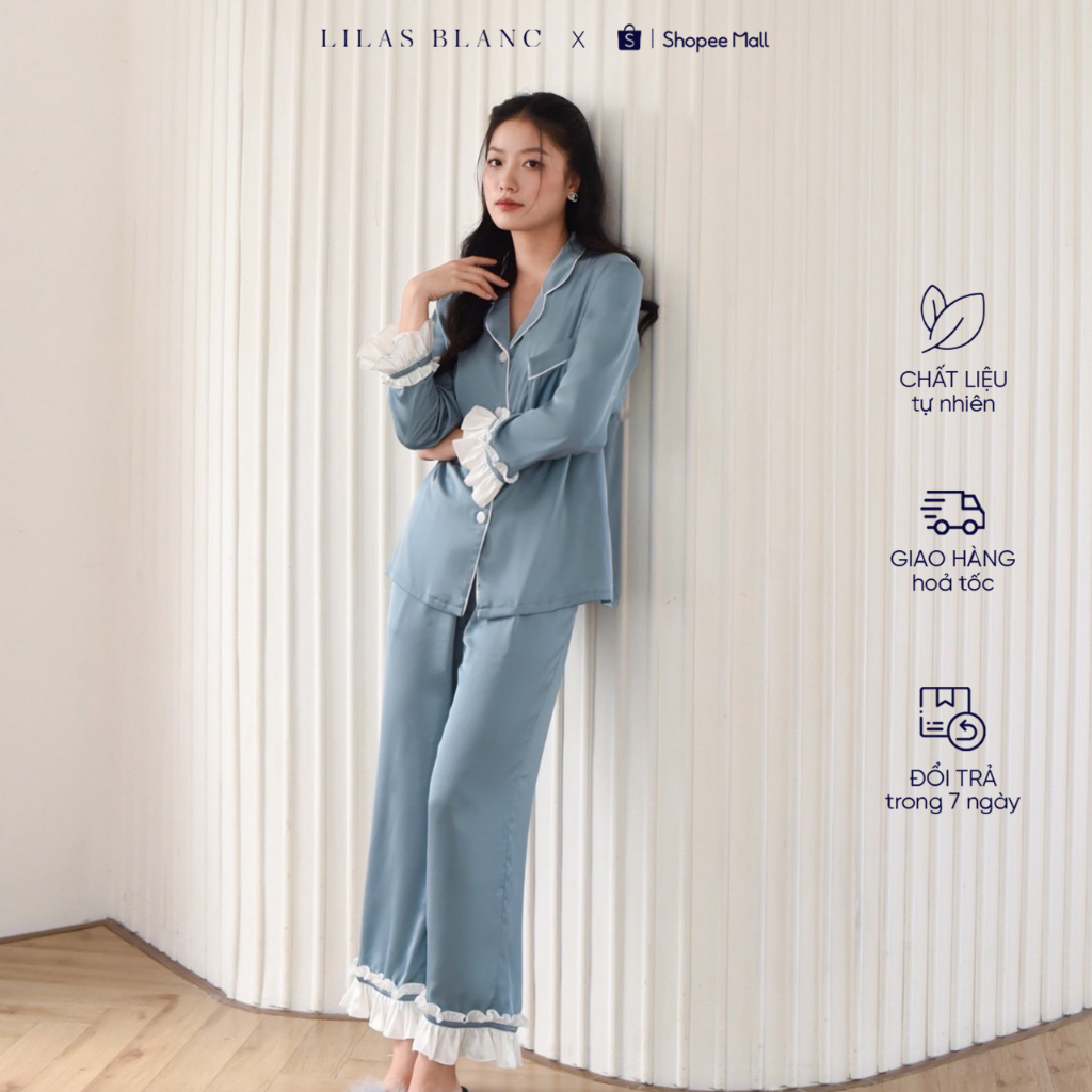 Bộ Pyjamas Nữ Mặc Nhà Áo Dài Quần Dài Chất Liệu Lụa Màu Xanh Dương Thiết Kế Phối Viền Bèo Trắng Bella LILAS BLANC