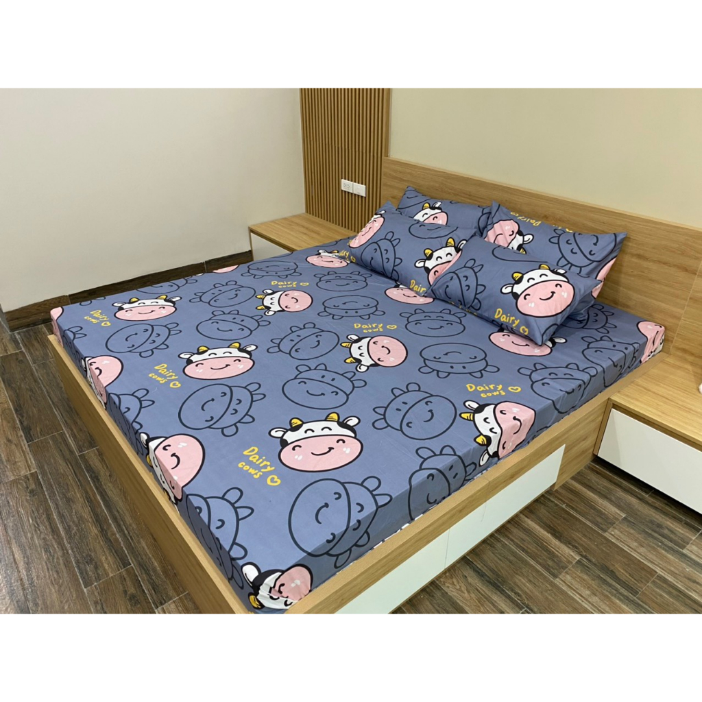 Ga Giường - drap bọc Nệm + 2 vỏ nằm Cotton Poly M2/ M6/ M8/ 2M2 Nhiều Họa Tiết (Bo Chun) - Thông Đen, Công Chúa, Thỏ...