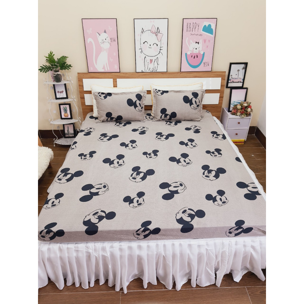 Ga Giường - drap bọc Nệm + 2 vỏ nằm Cotton Poly M2/ M6/ M8/ 2M2 Nhiều Họa Tiết (Bo Chun) - Thông Đen, Công Chúa, Thỏ...
