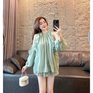 Set áo babydoll bèo tầng tay phồng bo chun cổ đính dây kim loại + chân váy tầng xanh mint angi home