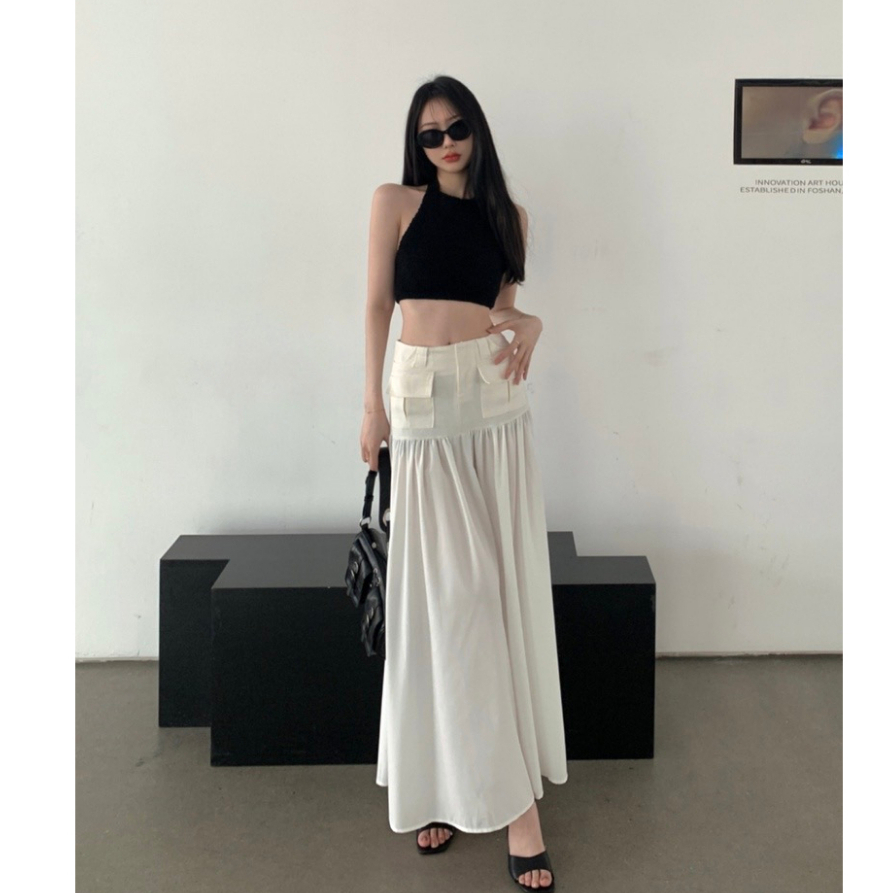 UB004 Set Croptop trắng chân váy dài đường phố hàng thiết kế cao cấp mới Sẵn IB GIảm 30K