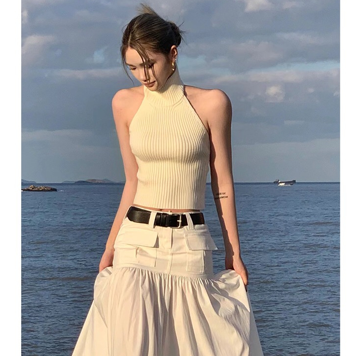 UB004 Set Croptop trắng chân váy dài đường phố hàng thiết kế cao cấp mới Sẵn IB GIảm 30K