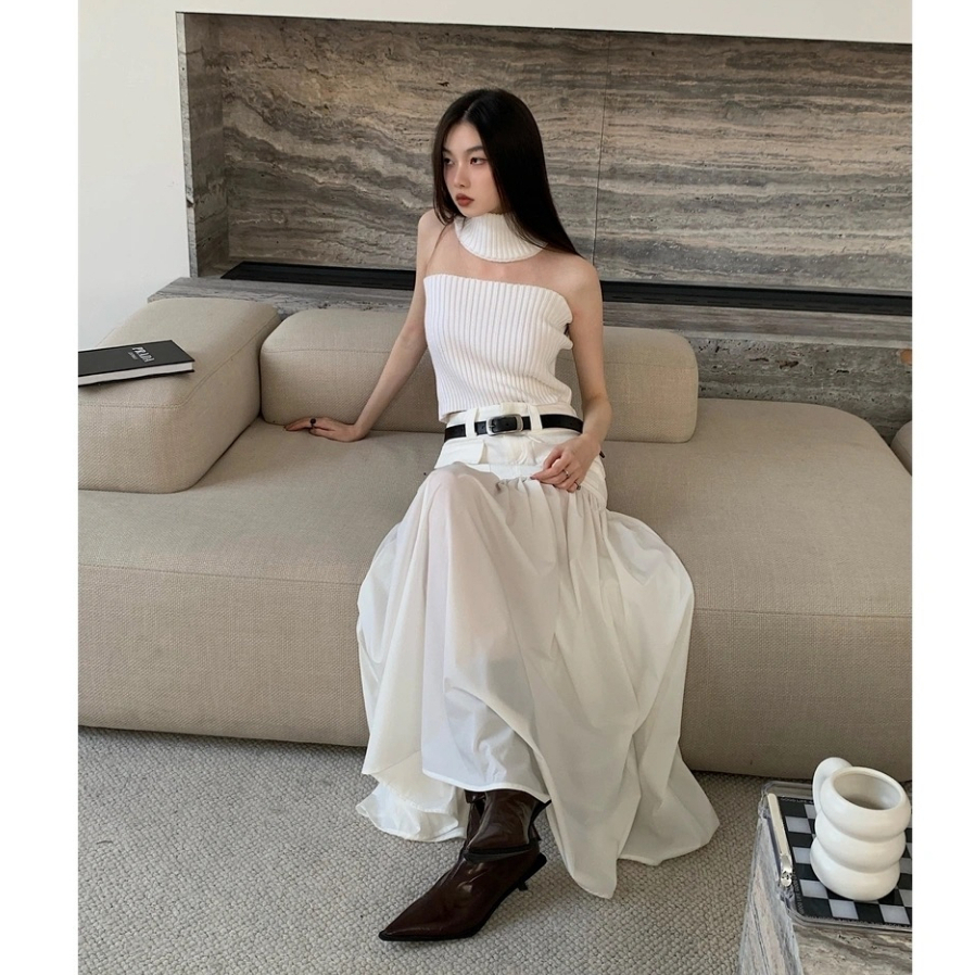 UB004 Set Croptop trắng chân váy dài đường phố hàng thiết kế cao cấp mới Sẵn IB GIảm 30K