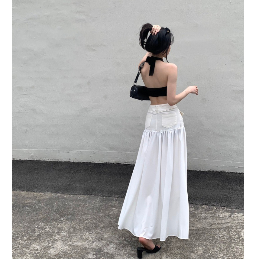 UB004 Set Croptop trắng chân váy dài đường phố hàng thiết kế cao cấp mới Sẵn IB GIảm 30K