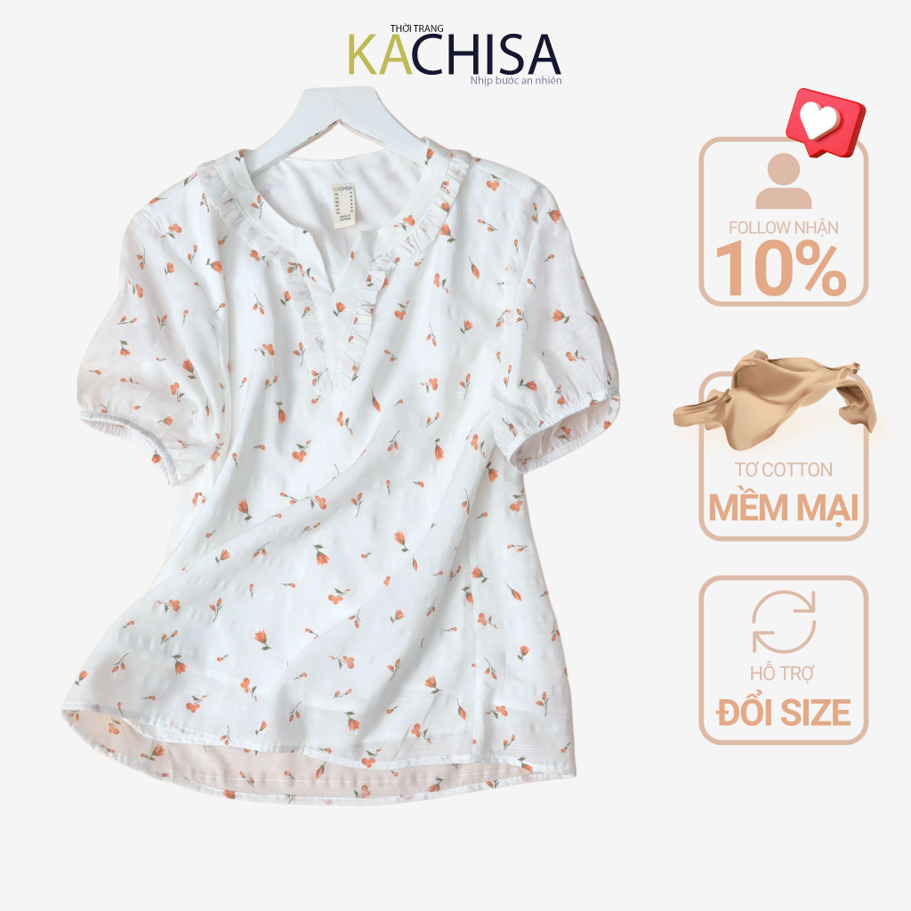 Áo kiểu nữ cổ V tơ cotton phối bèo họa tiết hoa trung niên cao cấp, cho chị, cho mẹ đi chơi, đi tiệc - KACHISA 560