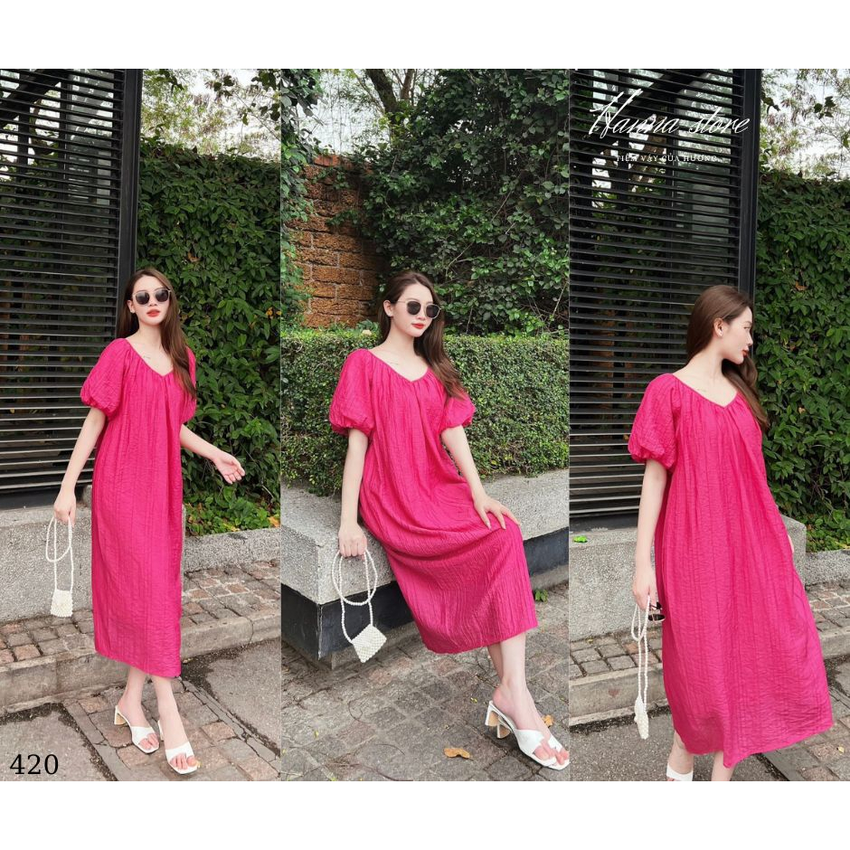 Váy suông cổ V dáng oversize, đầm suông chất tơ nhăn mát, bầu bí mặc được