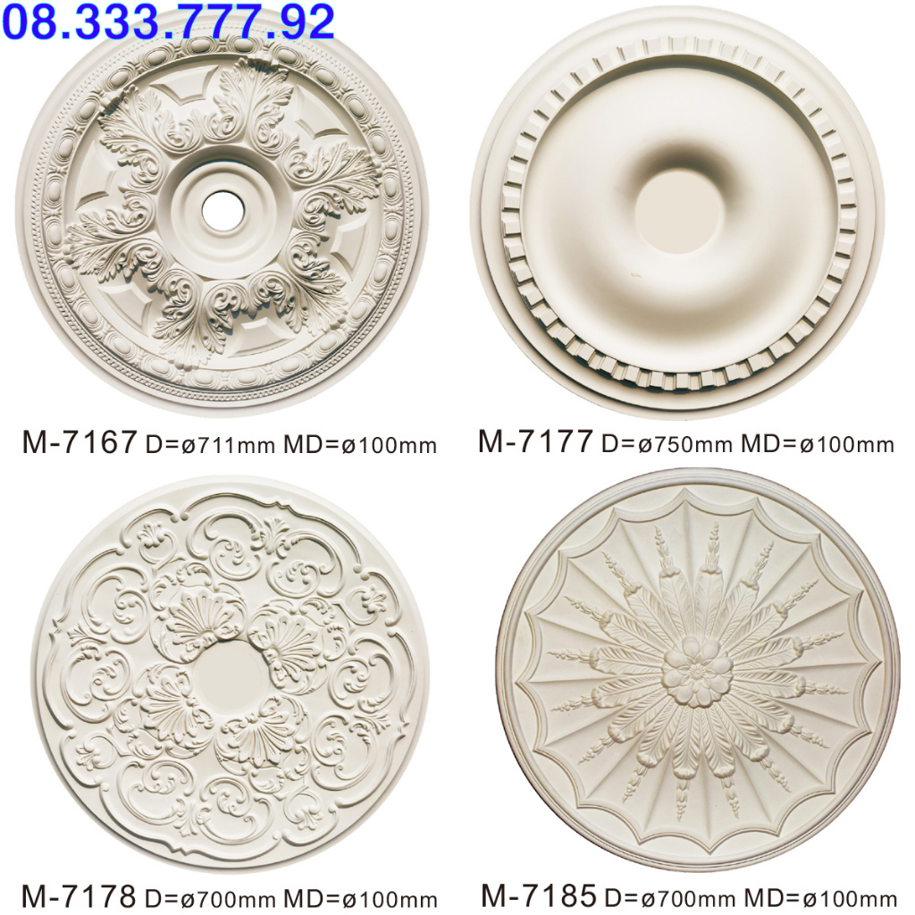 Mâm trần đường kính 75cm, phào PU hoa văn, siêu bền, keo Akhoa Bond mã PU M-7167, M-7177, M-7178, M-7185