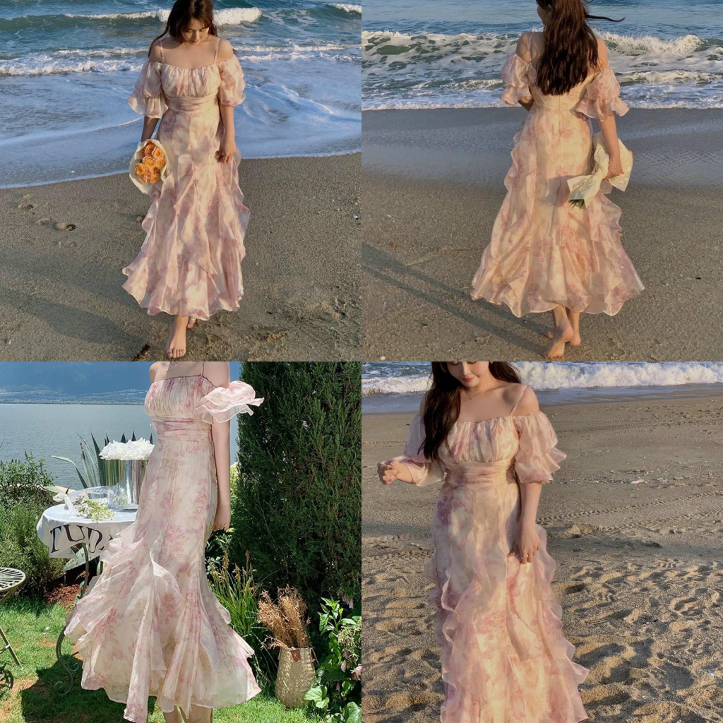 ĐẦM MAXI HOA HỒNG RỚT TAY BỒNG BÈO THÂN