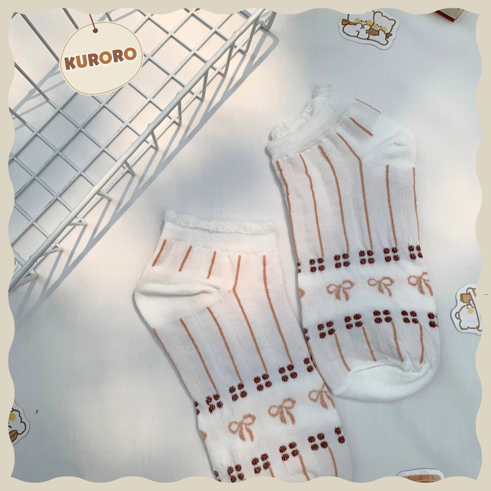 Tất cổ ngắn Trắng Nâu đào - Sọc nơ - Vải cotton co giãn bốn chiều thoáng khí