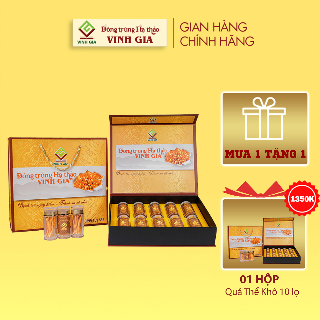 [MUA 1 TẶNG 1] Combo 2 Hộp Đông Trùng Hạ Thảo Vinh Gia Quả Thể Khô Giúp Bổ Phế, Thận Khí Cho Mọi Lứa Tuổi – Hộp 10 Lọ