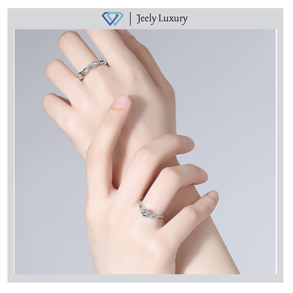 Nhẫn đôi nam nữ cao cấp JEELY LUXURY AK03, Nhẫn bạc nam nữ thiết kế uốn lượn điểm xuyến đá tinh tế sang trọng