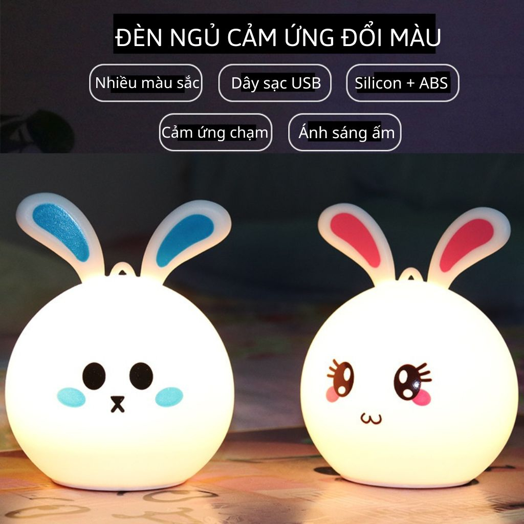 Đèn ngủ Silicon Thỏ Con CẢM BIẾN ĐỔI MÀU KÈM DÂY SẠC USB dễ thương trang trí phòng ngủ, bàn làm việc tiện ích