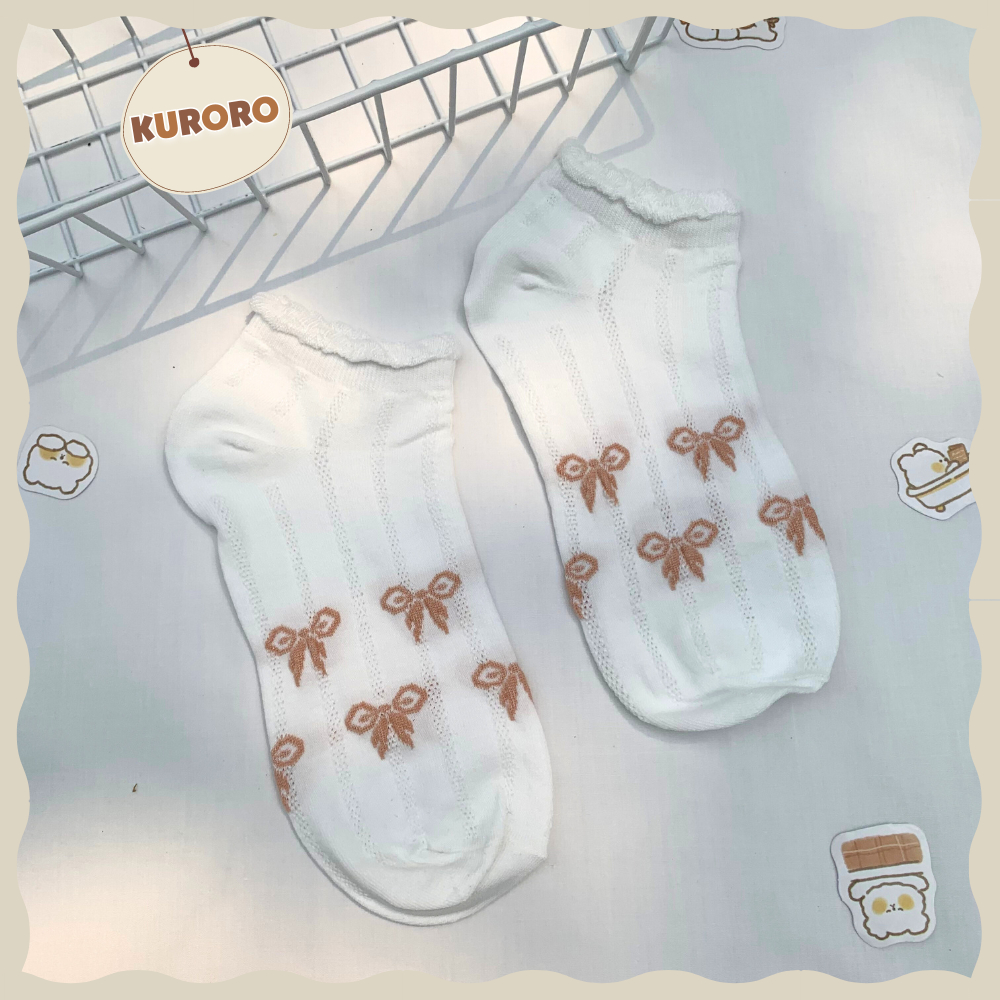 Tất cổ ngắn Trắng Nâu đào - Tràn ngập nơ - Vải cotton co giãn bốn chiều thoáng khí