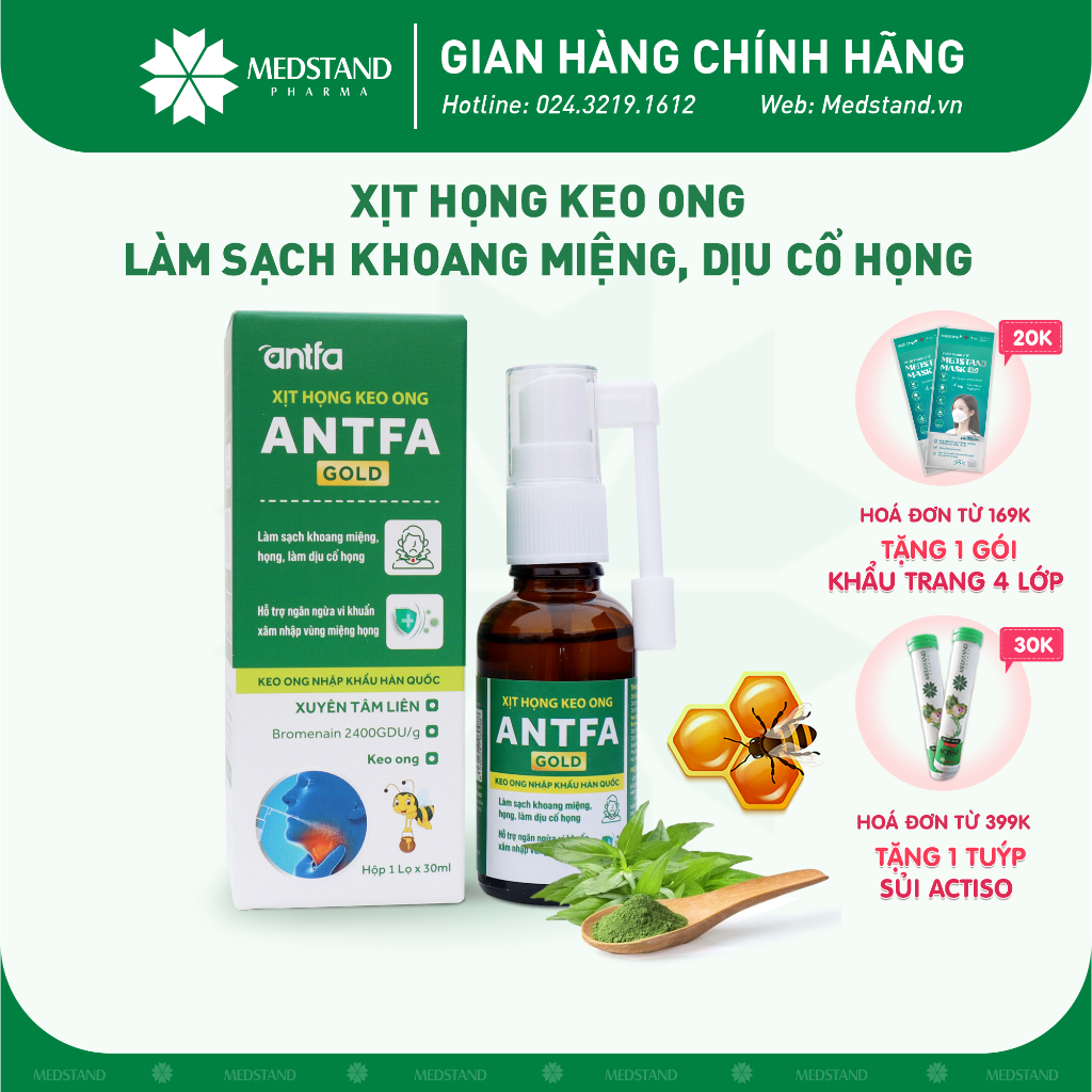 Xịt họng keo ong giúp giảm ho khan, ho kéo dài, giảm ngứa rát cổ họng Antfa Plus MEDSTAND (Lọ 30ml)