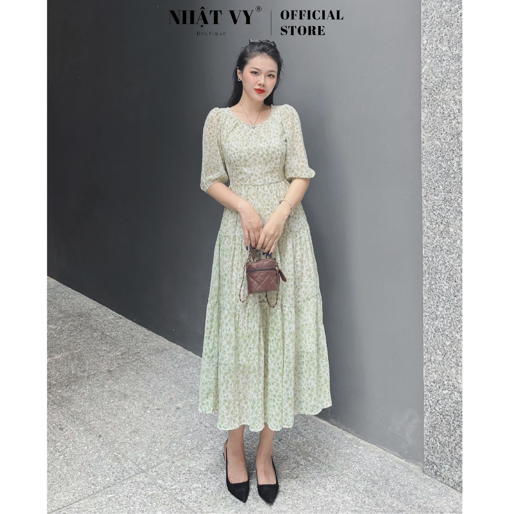 Đầm hoa maxi Nhật Vy cổ tròn thắt nơ sau dáng xoè tầng chất voan có lót phù hợp đi chơi dạo phố sang chảnh - D2698