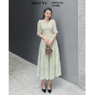 Đầm hoa maxi Nhật Vy cổ tròn thắt nơ sau dáng xoè tầng chất voan có lót phù hợp đi chơi dạo phố sang chảnh - D2698