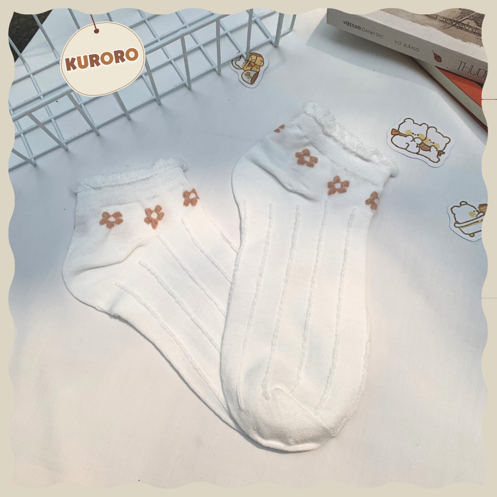 Tất cổ ngắn Trắng Nâu đào - Hoa bé xíu xiu - Vải cotton co giãn bốn chiều thoáng khí