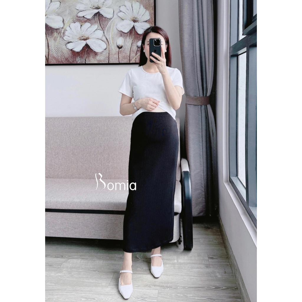 Chân váy bầu ly gân dáng dài