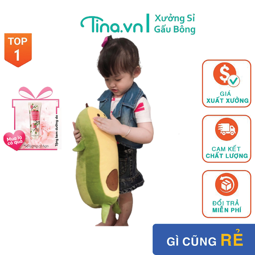Gấu bông gối ôm Tina Quả bơ nhồi bông cao cấp, vỏ nhung Hàn Quốc mềm mịn, co dãn 4 chiều, size 50cm