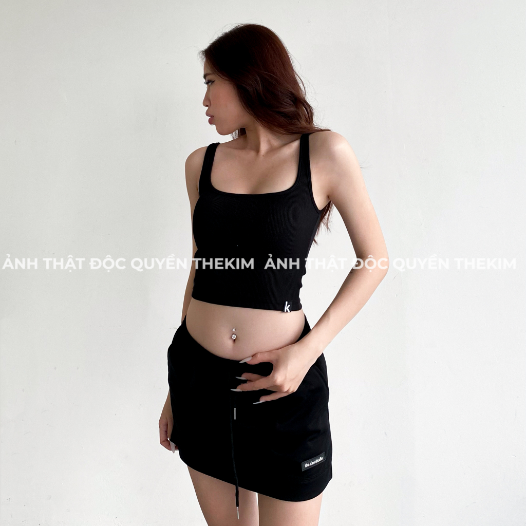 Áo croptop hai dây cổ U thun tăm phối viền màu TheKim, áo thun body dáng lửng cho nữ A175