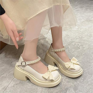 Giày búp bê mwc 2287 - giày búp bê đế cao đính nơ nữ tính, giày tiểu thư quai cài phong cách mary jane gót 5p