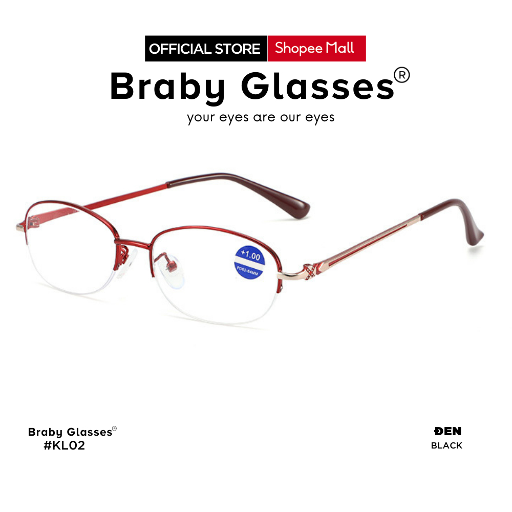 Kính lão đọc sách Braby Glasses viễn thị cho người lớn tuổi sẵn độ Titan cao cấp chắc chắn chống gẫy siêu nhẹ KL02 Đỏ