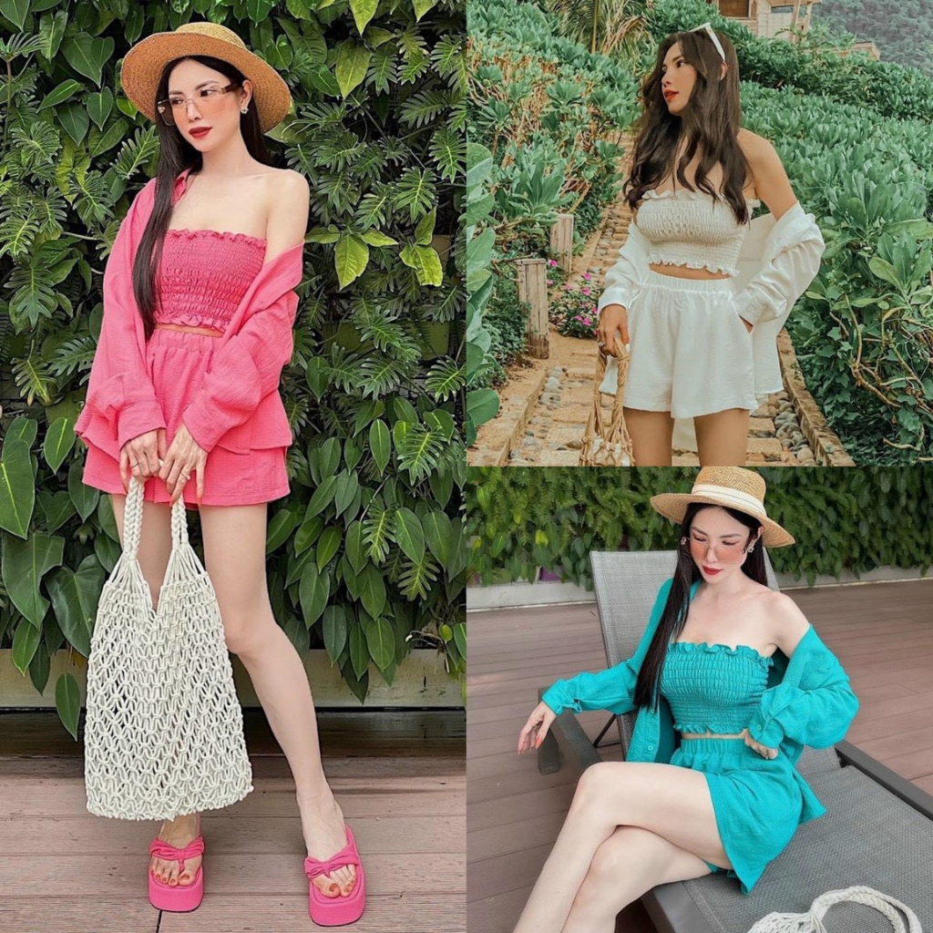 Set đồ bộ nữ áo quây nhún cúp ngực mix quần đùi kèm khoác sơ mi ngoài xinh xắn diện đi dạo biển siêu dễ thương,năng động