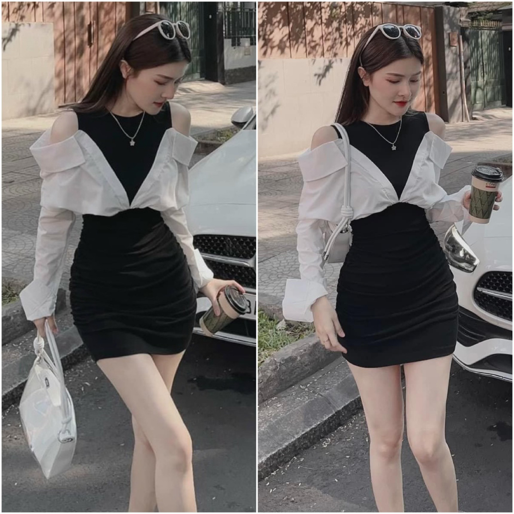 Đầm váy body nữ khoét vai phối kiểu mix dáng váy ôm body ngắn tôn dáng dành cho các nàng dạo phố, hẹn hò siêu sang chảnh