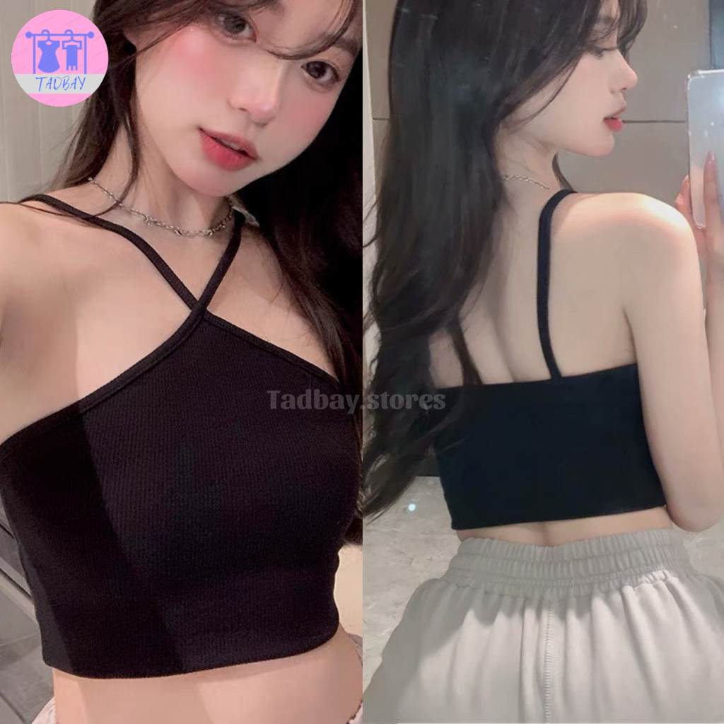 Áo croptop nữ hai dây kiểu yếm đan V chéo cổ Tadbay CN211