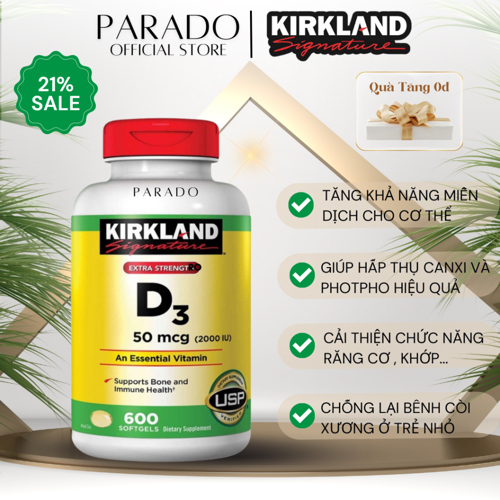 Viên Uống Bổ Sung Vitamin D3 Kirkland Signature 2000IU 600 Viên của Mỹ
