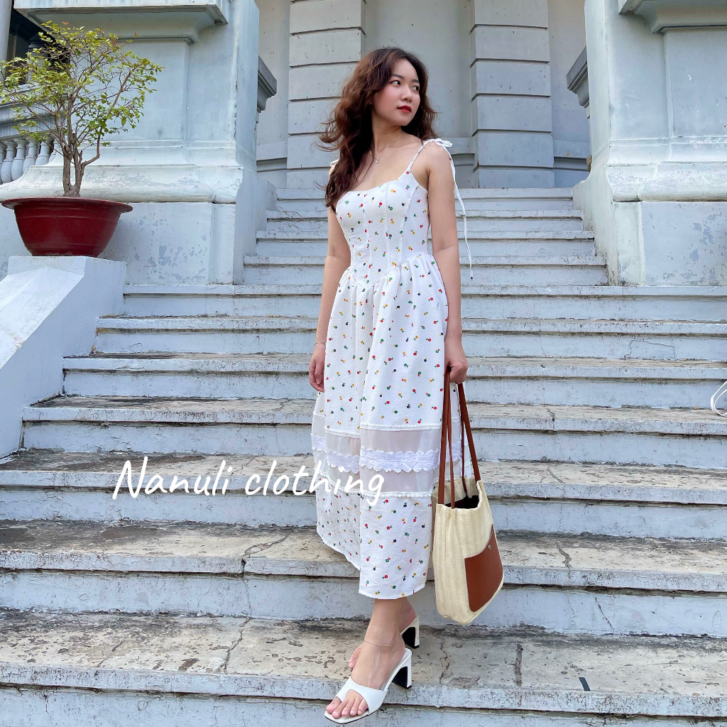 Đầm maxi đi biển, hoa nhí ngũ sắc tay cột nơ chân váy phối ren Freesize