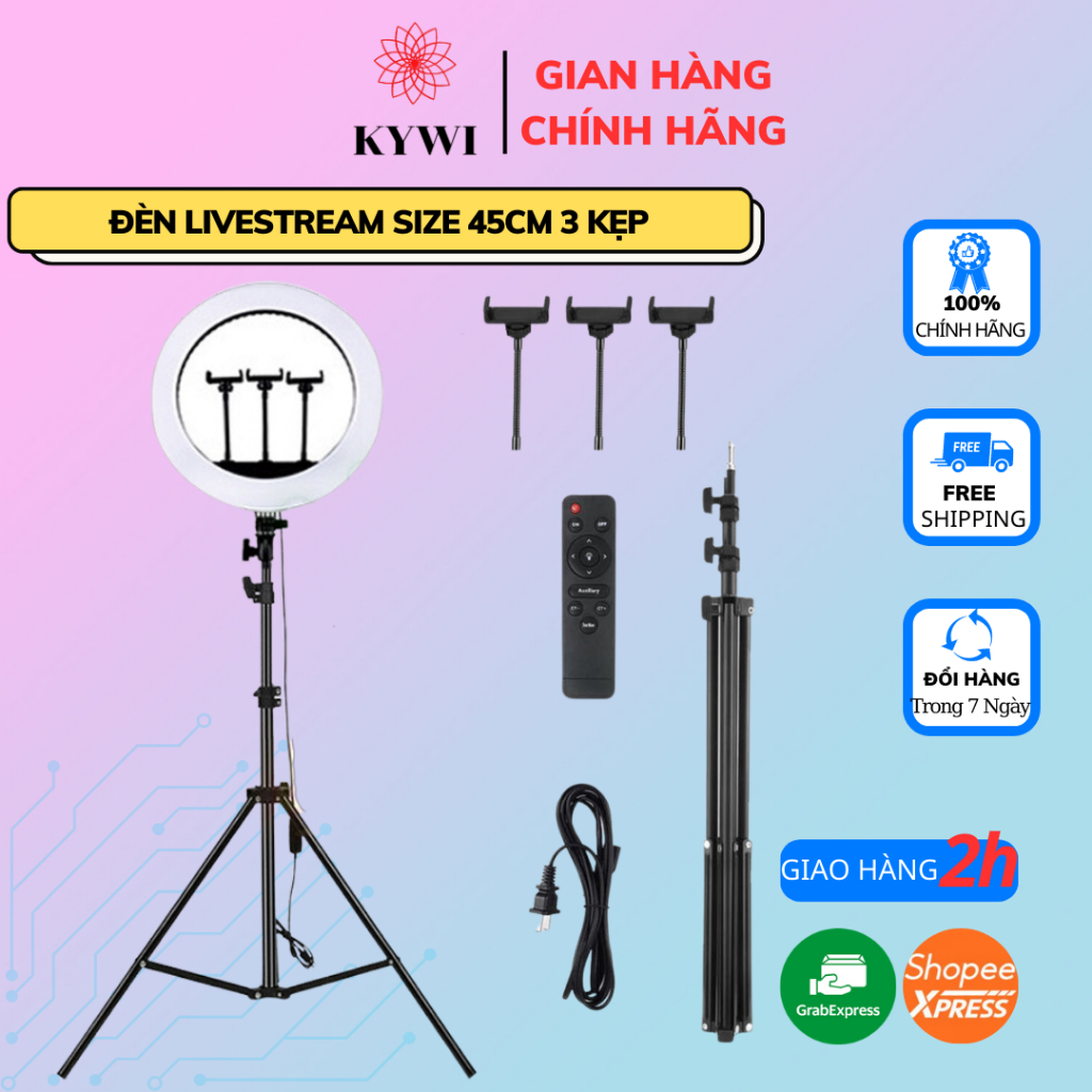 Đèn Livestream 3 kẹp điện thoại 45cm Quay Video, Chụp ảnh, Make up, Bán hàng live stream, Ánh sáng mịn bảo vệ mắt