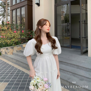 Váy xốp trắng tay bồng buộc nơ lưng dáng maxi tiểu thư đi biển Mimosa Dress Mayberoom