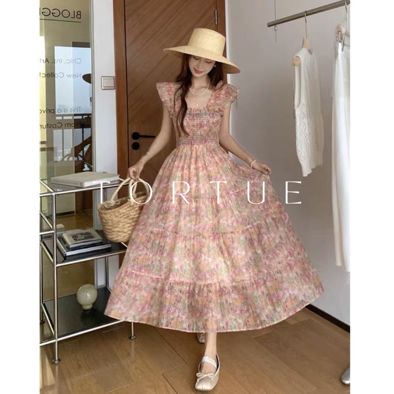 [Sẵn] V156 Đầm váy dài tay cánh tiên hoa hồng cam tiểu thư nhàng mùa hè phong cách Pháp Retro Vintage Taobao mới 2023