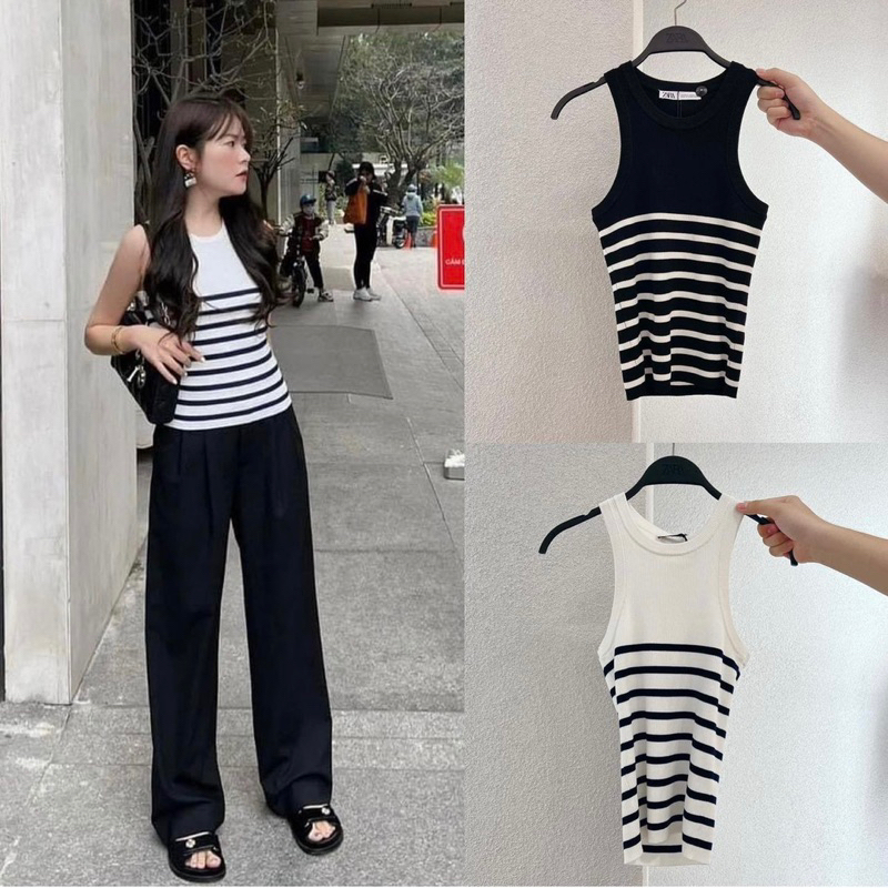 Áo ba lỗ dệt kim hoạ tiết kẻ Za.ra