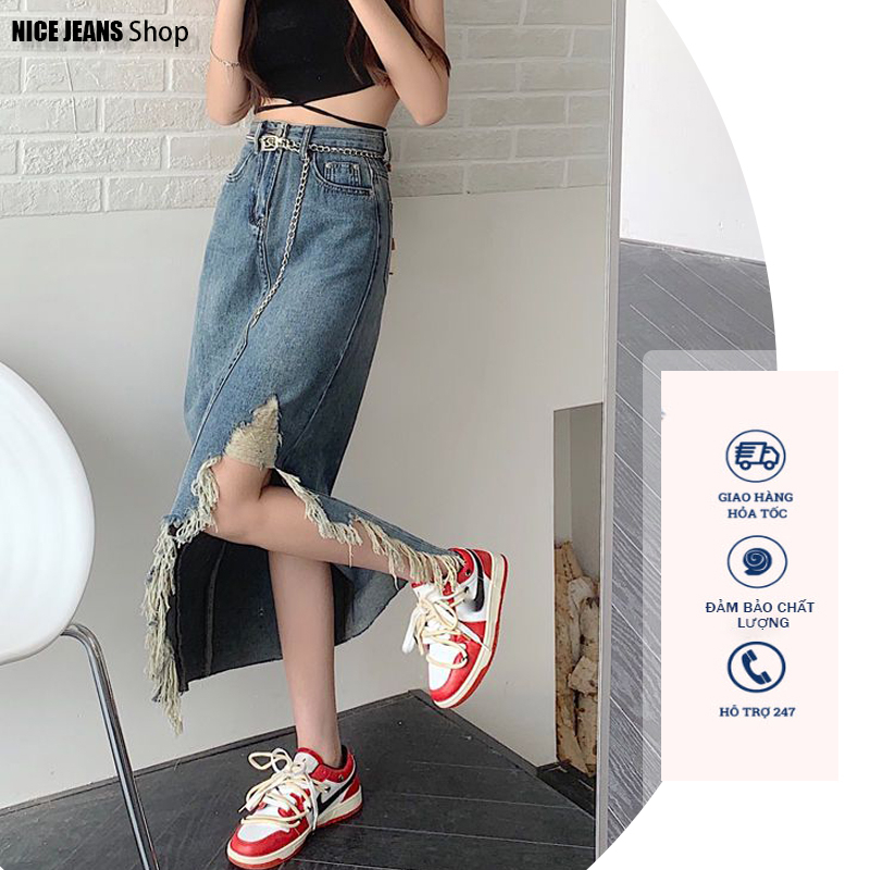 Chân váy cạp cao thiết kế xẻ tà không đều của Spice Girl - Chân váy denim thiết kế mới mùa hè 2023 cho nữ váy
