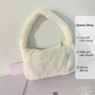 Túi quai xách kẹp nách lông bông Quảng Châu size 22cm cho nữ màu trắng